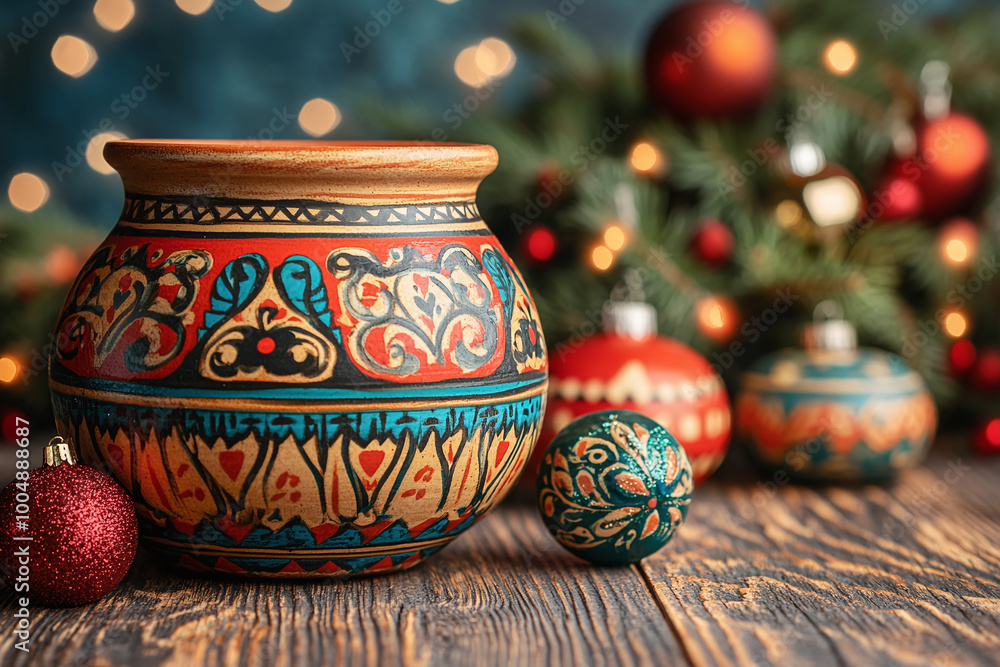 Close-up of a traditional Mexican clay pot with festive decorations around it. Close-up of a traditional Mexican clay pot with festive decorations around it.