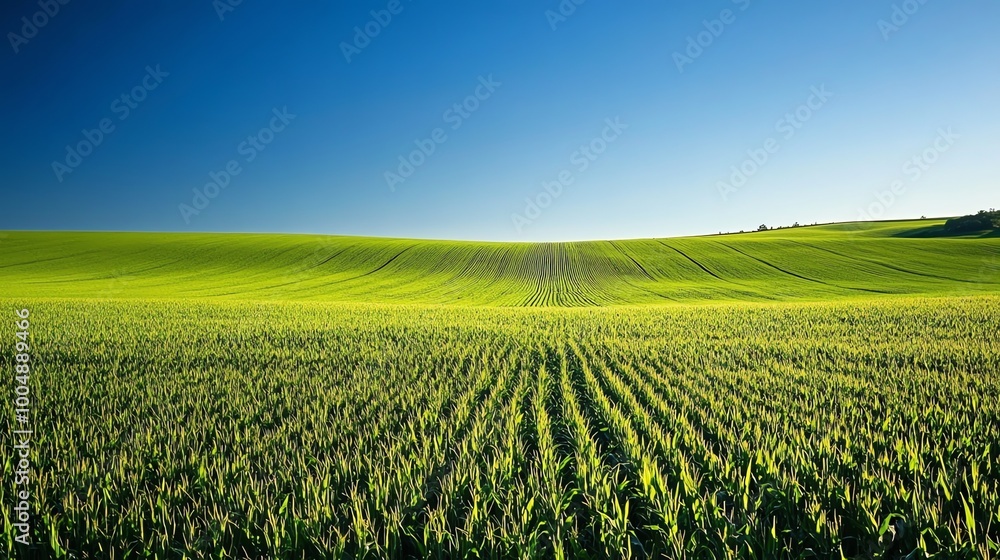 Rolling green field of corn with blue sky. Rolling green field of corn with blue sky.