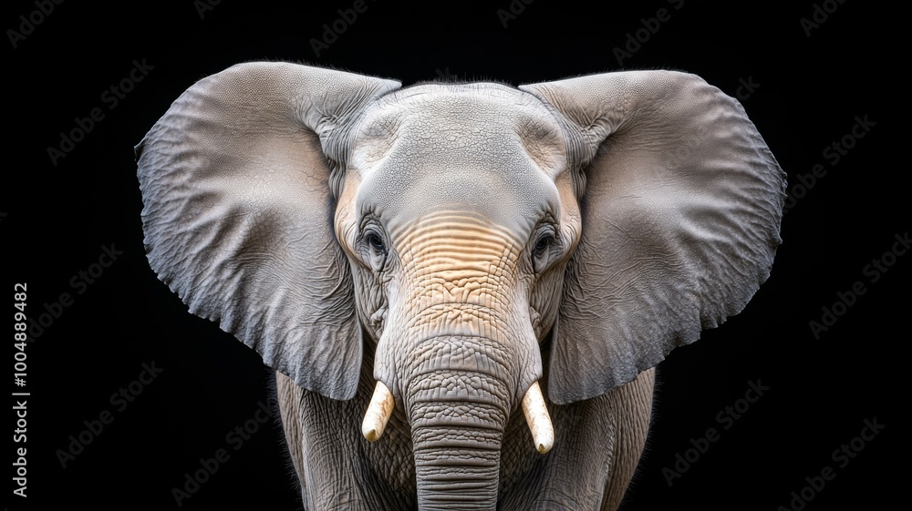 Fototapeta premium A close up of an elephant's face with its trunk raised