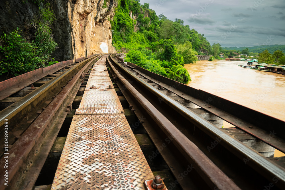 Fototapeta premium Beautiful landscape of the Death Railway across the River Kwai and Krasae Cave, Kanchanaburi Province, important places and important tourist attractions. and made history of World War 2