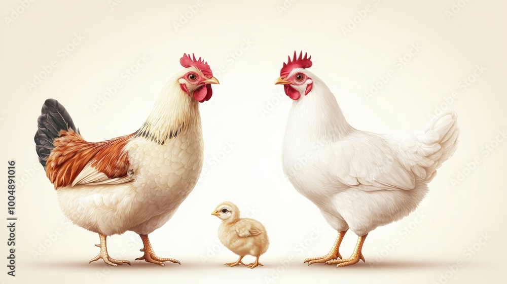 Fototapeta premium Three chickens of different sizes standing next to each other