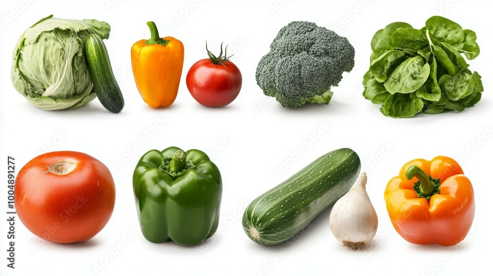 A row of vegetables including tomatoes, broccoli, and cucumbers A row of vegetables including tomatoes, broccoli, and cucumbers