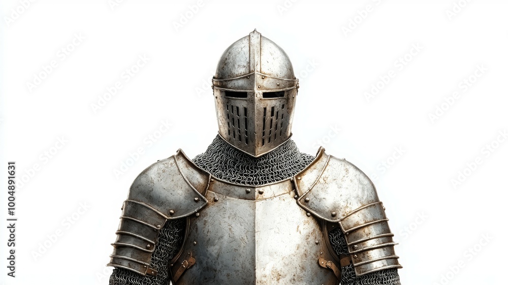 A knight in full armor stands in front of a white background A knight in full armor stands in front of a white background