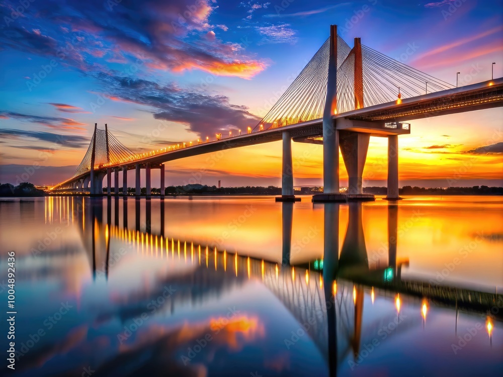 Fototapeta premium Stunning Baytown Bridge at Sunset with Illuminated Structure and Reflections on Calm Water Surface