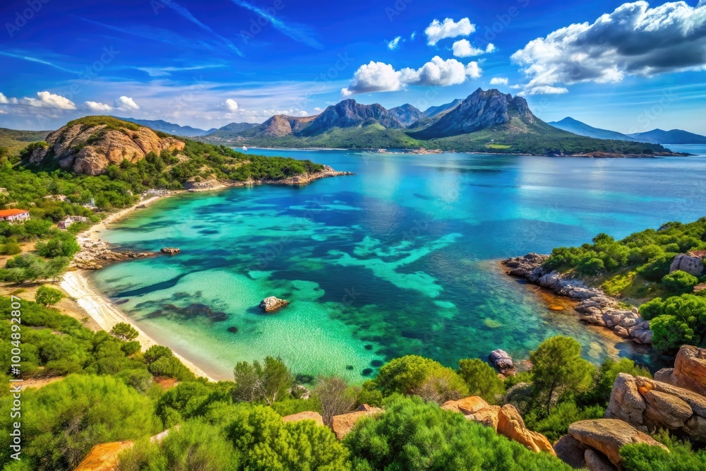 Fototapeta premium Stunning Coastal View of Olbia, Sardinia with Crystal Clear Waters and Lush Green Hillsides