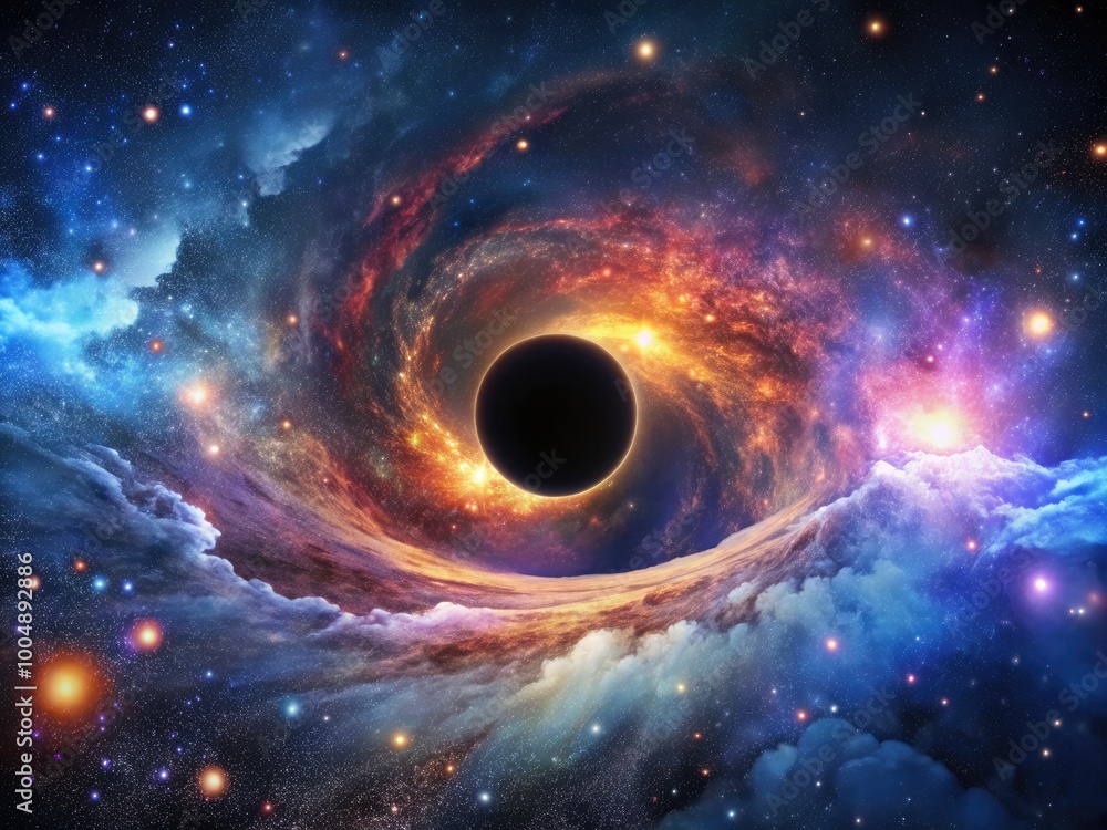 Stunning Cosmic Illustration of a Black Hole Surrounded by Stars and Nebulae in Deep Space Stunning Cosmic Illustration of a Black Hole Surrounded by Stars and Nebulae in Deep Space