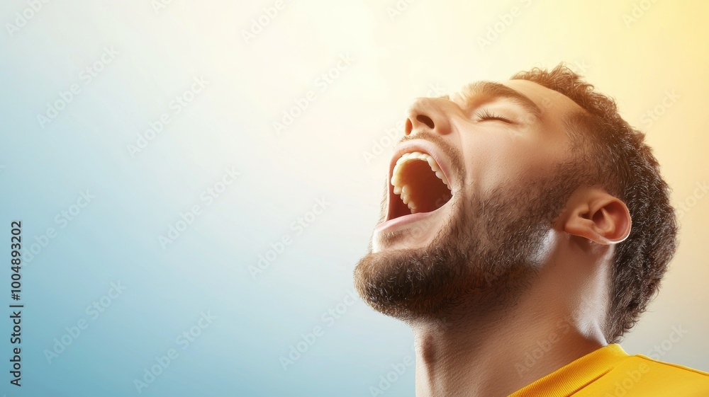 A man with a beard is smiling and laughing while his mouth is wide open A man with a beard is smiling and laughing while his mouth is wide open