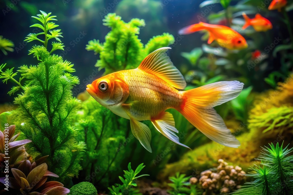 Stunning Golden Fish Swimming Gracefully in an Aquatic Aquarium Surrounded by Lush Green Plants Stunning Golden Fish Swimming Gracefully in an Aquatic Aquarium Surrounded by Lush Green Plants