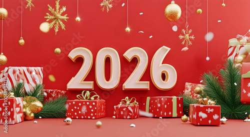 3d text renderer 2026 Background decoration for holiday event, greeting card, Christmas invitation and holiday background. Background concept 2026