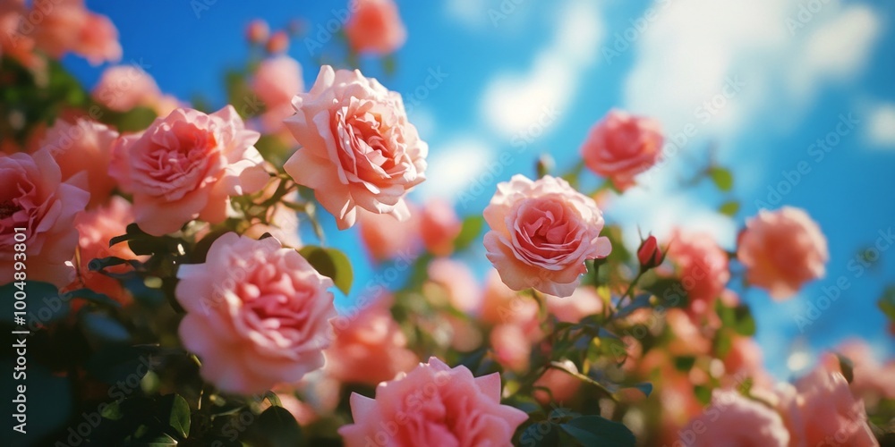 A vibrant rose garden filled with blooming pink roses. The soft petals glisten under a bright blue sky. This image captures the beauty of nature and floral inspiration. AI A vibrant rose garden filled with blooming pink roses. The soft petals glisten under a bright blue sky. This image captures the beauty of nature and floral inspiration. AI