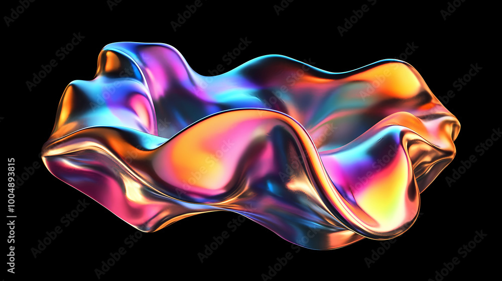 Obraz premium Abstract floating shape made of liquid metal. holographic rainbow object material for graphic design. 3D Holographic. Illustration