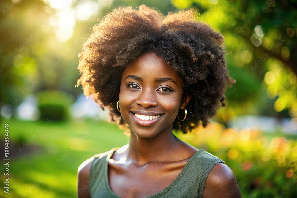 Stunning Portrait of a Young Beautiful African Woman with Natural Hair and Radiant Smile Outdoors Stunning Portrait of a Young Beautiful African Woman with Natural Hair and Radiant Smile Outdoors