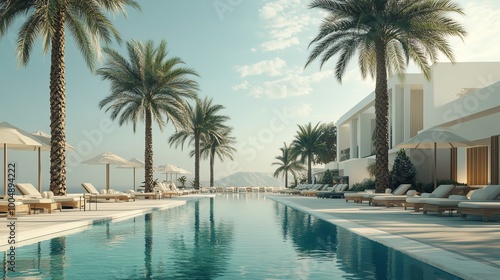 A beautiful swimming pool at a tropical resort with palm trees.