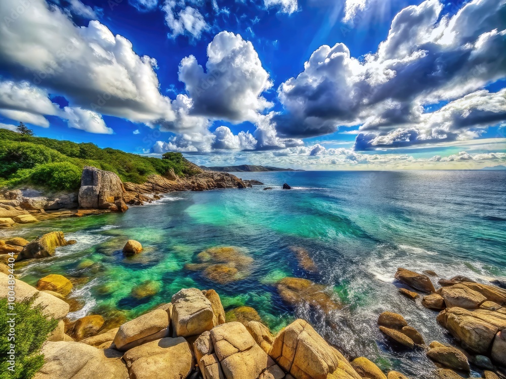 Fototapeta premium Stunning Stony Rocky Coastal Scene with Clear Blue Waters and Dramatic Sky Overlooking the Shoreline