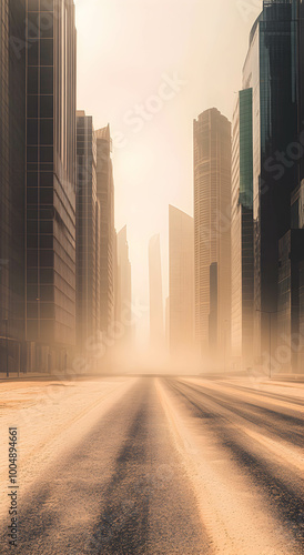 Sandstorm on an empty city street with glass skyscrapers in the background, light haze from the sand. The concept of a natural disaster.