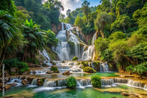 Stunning Tat Kuang Si Waterfalls Landscape Surrounded by Lush Greenery in Beautiful Laos Nature