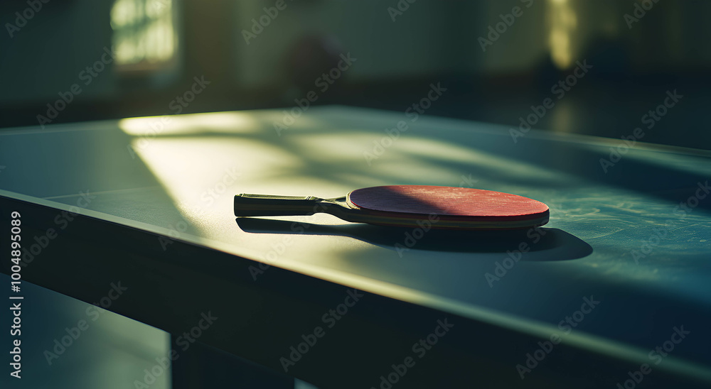 A table tennis racket lies on the corner of a tennis table, close-up, in a bright white-lit gymnasium. The concept of playing table tennis.