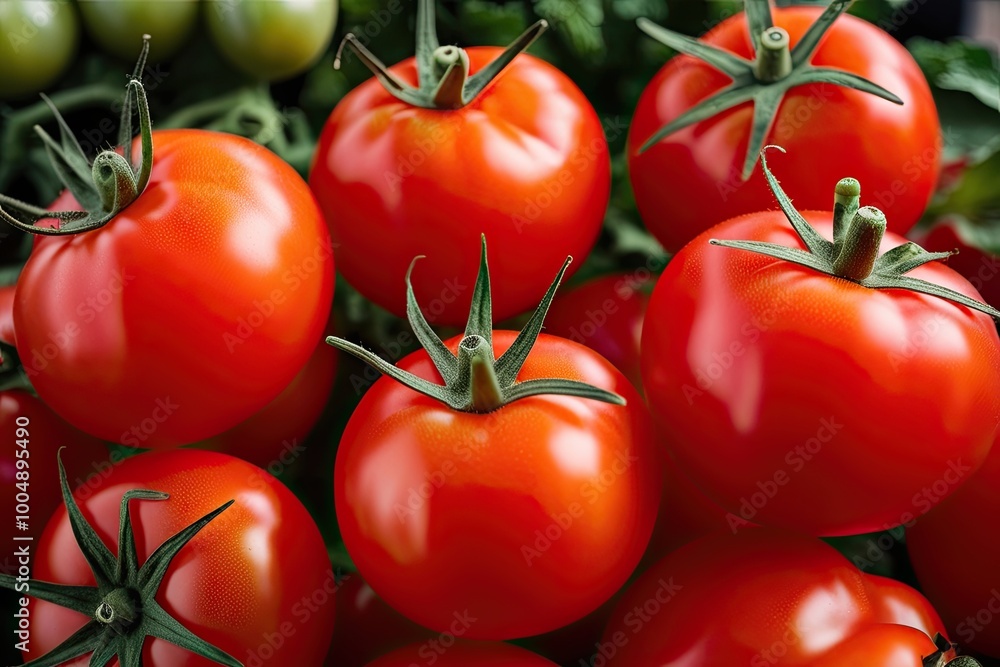 Fresh, Organic Red Tomatoes with Succulent Green Tops in Closeup Fresh, Organic Red Tomatoes with Succulent Green Tops in Closeup