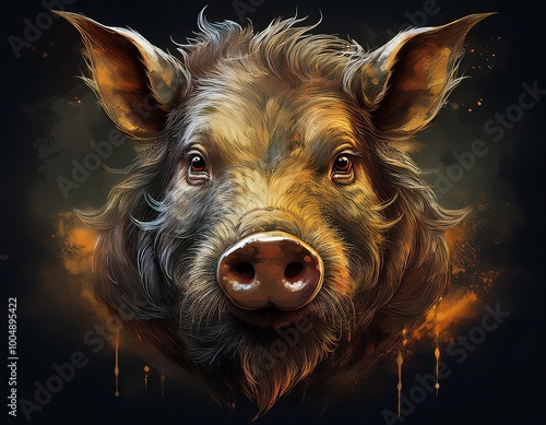 mad fantasy hog on dark background. head of pig