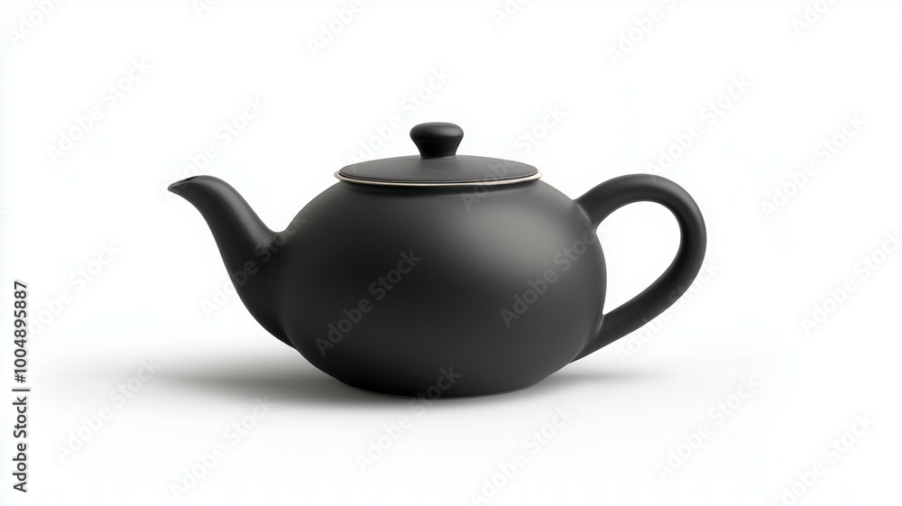 A black tea pot with a silver lid sits on a white background A black tea pot with a silver lid sits on a white background