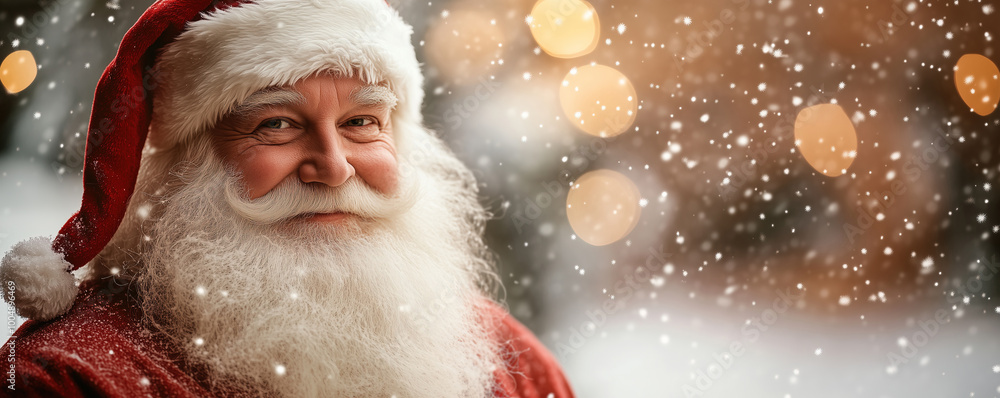 Kind Santa Claus smiling in classic red outfit against snowy background with magical golden bokeh. Christmas banner with copy space. Concept of holiday spirit and festive warmth Kind Santa Claus smiling in classic red outfit against snowy background with magical golden bokeh. Christmas banner with copy space. Concept of holiday spirit and festive warmth
