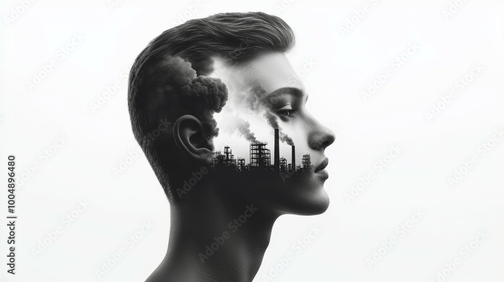 A man's head is shown with a cityscape in the background A man's head is shown with a cityscape in the background