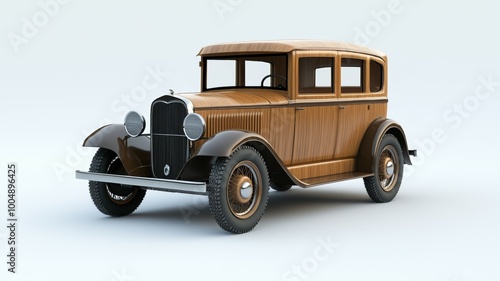 A vintage car with wooden trim sits on a white background