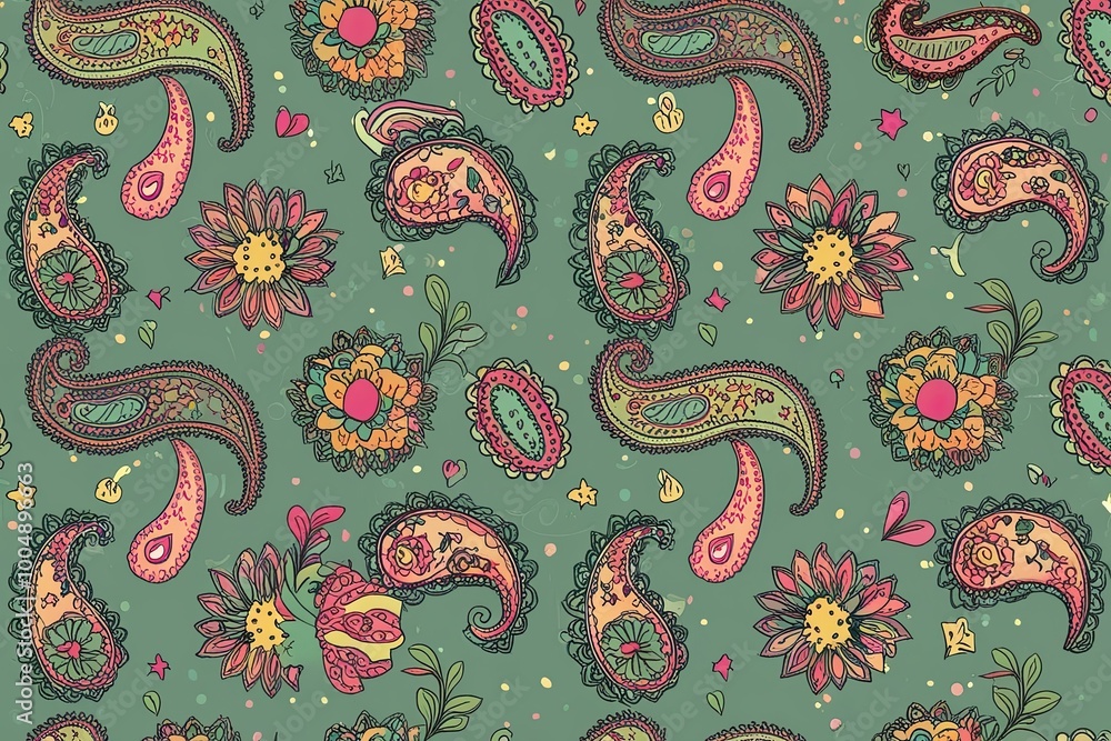Fototapeta premium Lively Playful Illustration of a Delicate Bohemian Paisley Doodle Pattern for Chic Decor and Celebrations