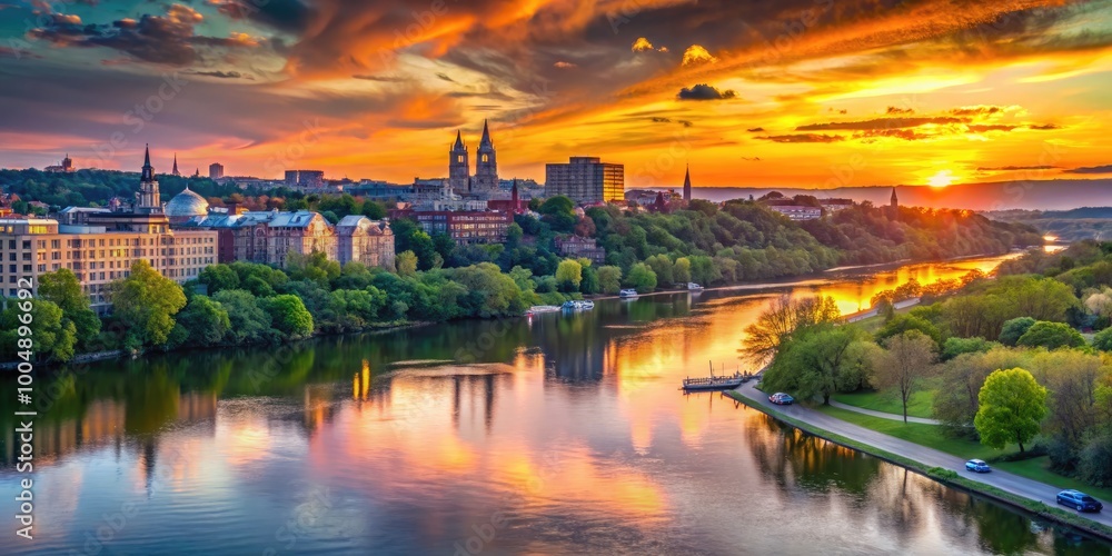 Fototapeta premium Sunset over Georgetown Park and Potomac River with waterfront buildings glowing in evening light