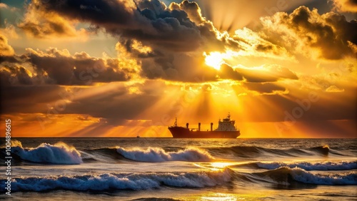 Sunrays Illuminating Ocean Waves with Freighter Ship Sailing in the Distance at Golden Hour