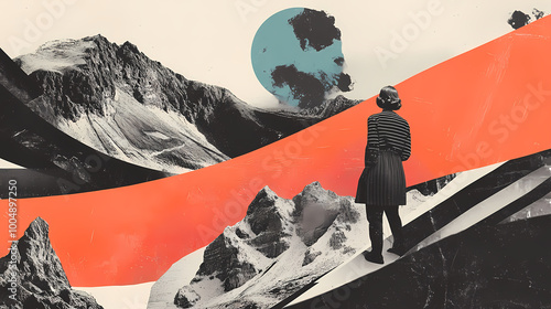 A surreal collage of vintage photographs layered with vibrant abstract shapes blending old blackandwhite imagery with bright modern colors for a dreamlike contrast. Surreal Collage. Illustration photo