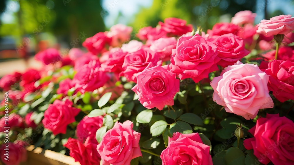 Vibrant pink and red roses blooming in a garden on a sunny day Vibrant pink and red roses blooming in a garden on a sunny day