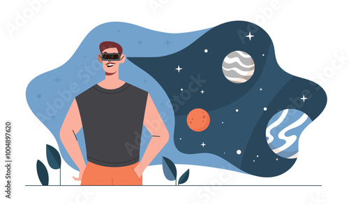 Man in virtual reality glasses. Young guy with vr. Metaverse and cyberspace. Interactive reality headset. Person near planets and stars. Flat vector illustration isolated on white background