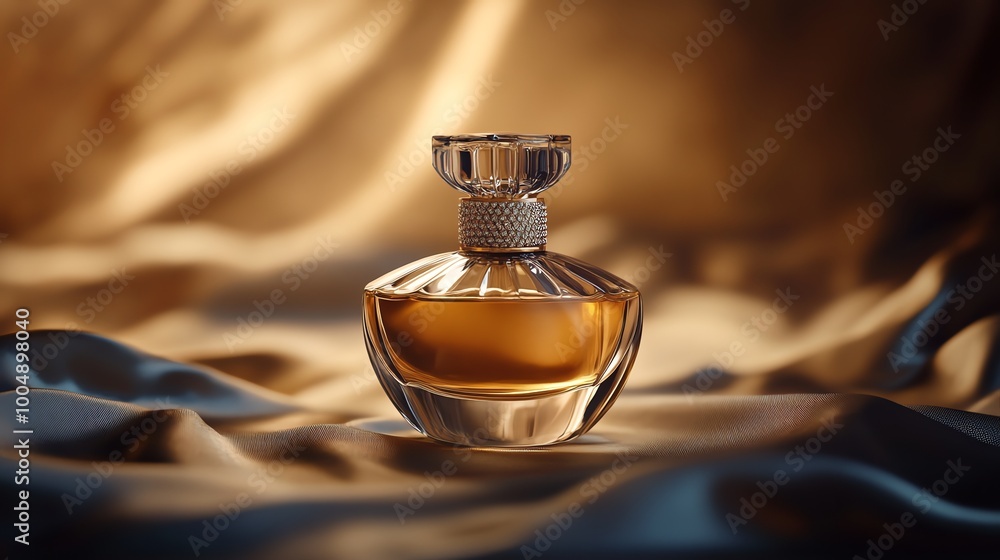 A glass bottle of perfume with a jeweled top sits on a soft, golden fabric. A glass bottle of perfume with a jeweled top sits on a soft, golden fabric.