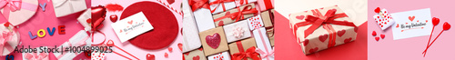 Festive collage for Valentines Day celebration with gifts and letters on color background