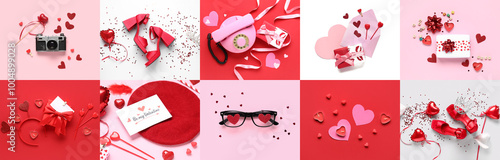 Festive collage for Valentines Day celebration on color background