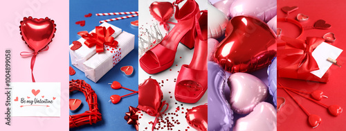 Festive collage for Valentines Day celebration with gifts, heart shaped balloons and female shoes on color background