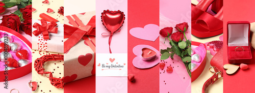 Festive collage for Valentines Day celebration on color background