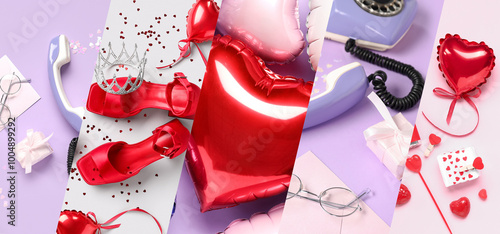 Festive collage for Valentines Day celebration on color background