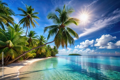 Tropical Paradise Island Beach with Palm Trees and Tranquil Sea - Exotic Summer Vacation Escape