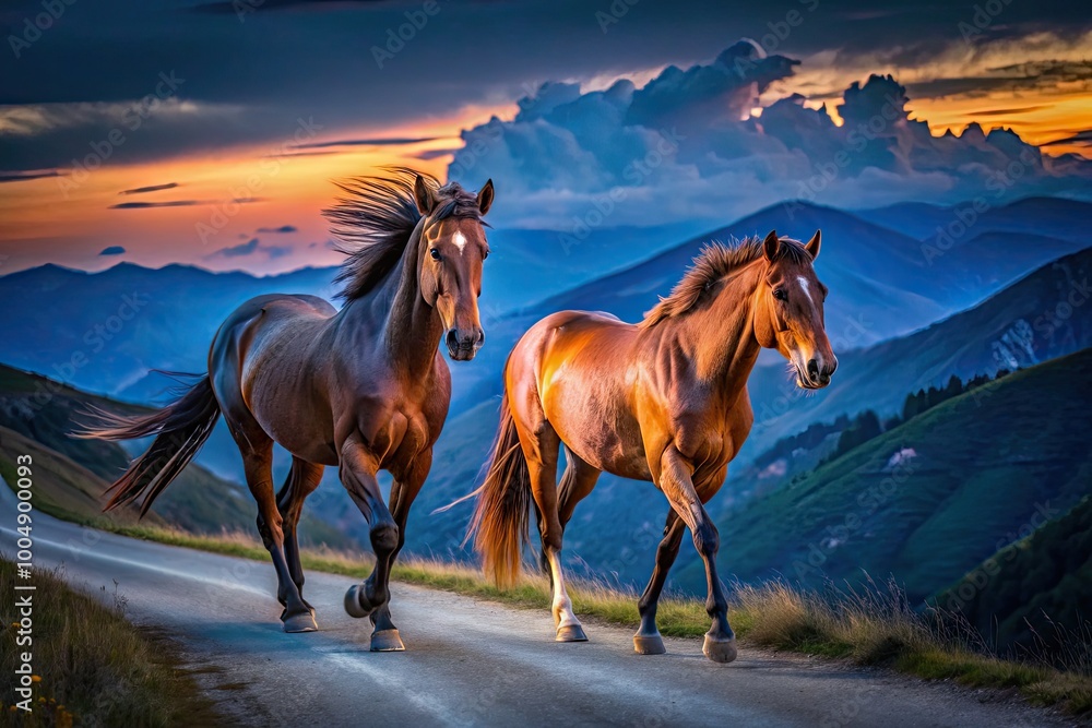 Two Majestic Horses Walking Together Along a Scenic Mountain Road in Beautiful Umbria Landscape Two Majestic Horses Walking Together Along a Scenic Mountain Road in Beautiful Umbria Landscape
