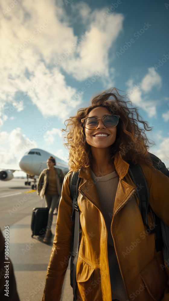 brunette woman traveling by airplane at the airport with a backpack and suitcase, showcasing her adventurous spirit and traveler lifestyle
