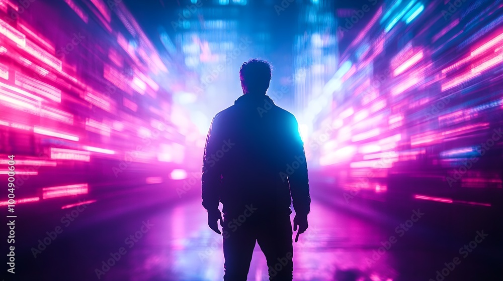 Man's colorful silhouette illuminated by futuristic neon lights, towering structures, high-tech urban environment, sci-fi ambience Man's colorful silhouette illuminated by futuristic neon lights, towering structures, high-tech urban environment, sci-fi ambience