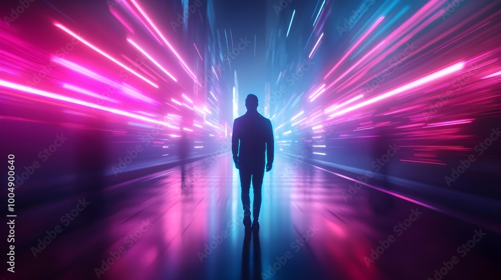 Man's colorful silhouette illuminated by futuristic neon lights, towering structures, high-tech urban environment, sci-fi ambience Man's colorful silhouette illuminated by futuristic neon lights, towering structures, high-tech urban environment, sci-fi ambience