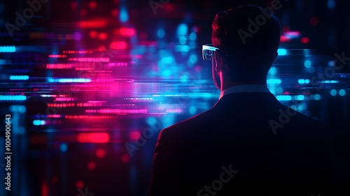 Man's silhouette illuminated by multicolored neon lights, standing before a futuristic city, high-tech architecture, glowing holograms