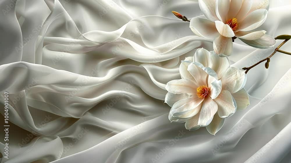 Two magnolia blossoms lie on a soft white fabric, their petals unfurling in the sunlight Two magnolia blossoms lie on a soft white fabric, their petals unfurling in the sunlight