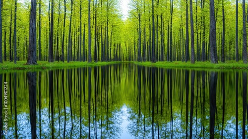 Mirror like Reflection of Trees in Tranquil Woodland Lake photo