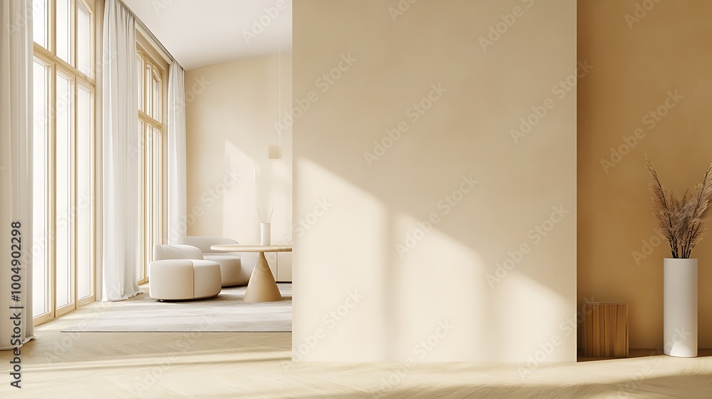 Fototapeta premium Beige home living room interior with rest and dining zone, window. Mockup wall 