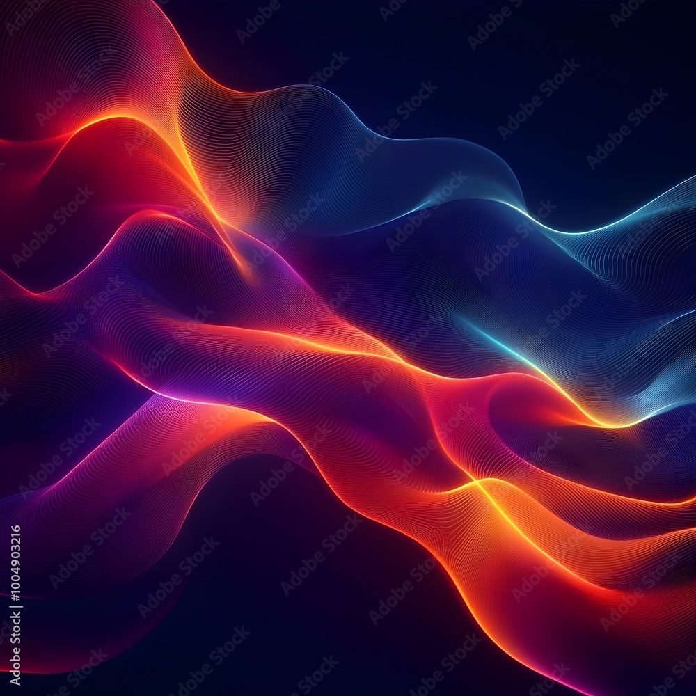 Fototapeta premium Abstract digital art with flowing, neon colors. Red, orange, and blue glow on a dark background.