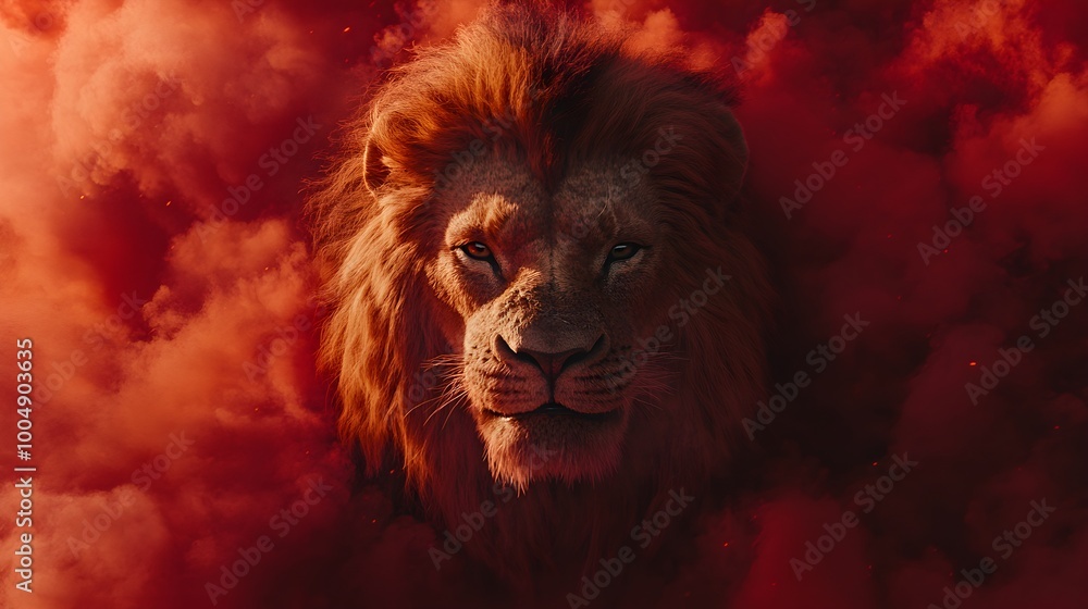 Fototapeta premium Overhead perspective of a lion's head framed by billowing red smoke, its mane and eyes sharply defined against the vivid, fiery backdrop